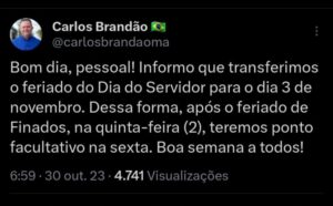FERIADÃO! Brandão dá ponto facultativo na sexta-feira
