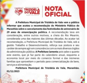 Trizidela do Vale também cancela aniversário após recomendação do MP