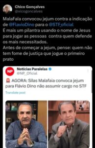 Aliado reage a Malafaia por jejum contra indicação de Dino ao STF: ‘Pilantra’