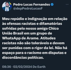 Pedro Lucas Fernandes repudia ofensas raciais contra Chico União Brasil