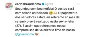 Carlos Brandão anuncia pagamento antecipado do salário para servidores estaduais