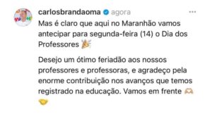 Brandão antecipa Dia dos Professores no Maranhão para segunda-feira (14)
