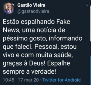 Gastão Vieira rebate fake news sobre seu falecimento…