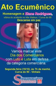 Comerciários vão homenagear vítima de acidente no Mateus