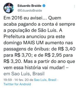 “Quem paga é a população”, dizia Eduardo Braide sobre tarifa de ônibus
