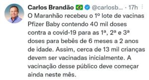 Brandão anuncia recebimento de 1° lote de vacinas Pfizer Baby