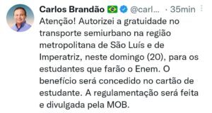 Brandão autoriza gratuidade no transporte semiurbano para estudantes que irão fazer o Enem