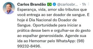 Brandão publica mensagem de incentivo à doação de sangue