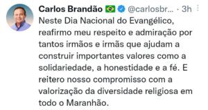 Brandão publica homenagem ao Dia Nacional do Evangélico