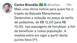 Brandão anuncia redução na passagem de ferryboat para a Baixada Maranhense