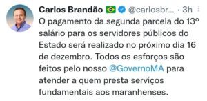 Brandão anuncia data para o pagamento da segunda parcela do 13° salário