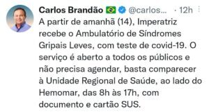 Brandão anuncia funcionamento de Ambulatório de Síndromes Gripais Leves, em Imperatriz