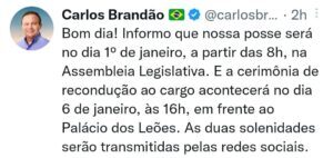 Brandão confirma cerimônia de posse para o primeiro dia do ano