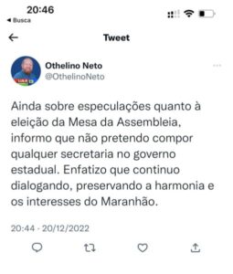 Othelino endurece o jogo e diz que não pretende ocupar secretaria de Brandão