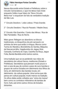 Ex-sub-prefeito do Centro Histórico de São Luís detona novo formato do carnaval ludovicense