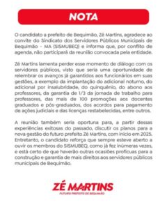 Zé Martins agradece convite do SISMUBEQ e lamenta ausência por conflito de agenda