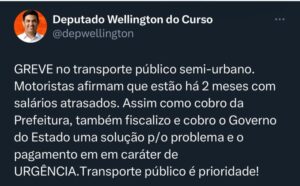 Deputado Wellington cobra do Governo solução para greve no transporte semi-urbano