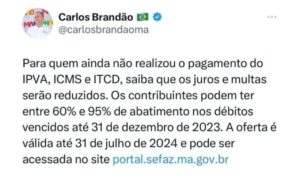 Brandão oferece mega desconto de até 95% em juros e multas de IPVA, ICMS e ITCD