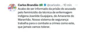 Brandão anuncia prisão de suspeito de matar técnica de enfermagem indígena e reforça combate ao feminicídio