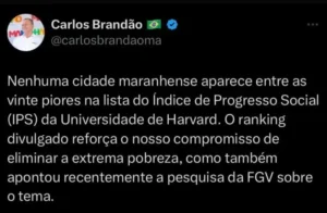 Gafe! Brandão apaga postagem após dizer que não havia nenhuma cidade do MA entre as 20 piores em qualidade de vida