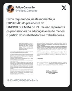 Felipe Camarão solicita expulsão do presidente do SINPROESSEMA do PT