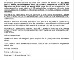 Justiça determina a demissão de milhares de contratados em Brejo-MA no dia 11 de setembro; e a partir de outubro, não irão mais receber seus proventos, e o município é proibido de realizar novas contratações