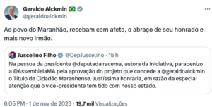 Geraldo Alckmin agradece Título de Cidadão Maranhense…