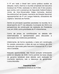 Presidente do PT reclama de vazamento de documento cobrando apoio de aliados da Felipe Camarão