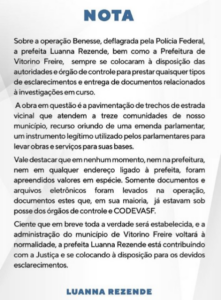 Vitorino Freire: prefeita emite nota após Operação Benesse