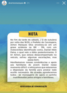 Prefeito de Carutapera confirma que dirigia SW4 em acidente com morte