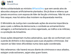 ‘Dama do Tráfico’: Lula sai em defesa de Flávio Dino