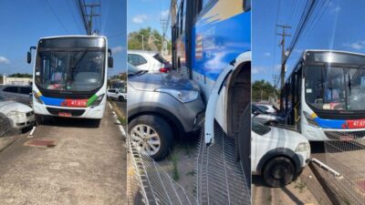 Ônibus invade estacionamento de condomínio e bate em cinco carros no Angelim; no Cohafuma motorista capota, invade condomínio e destrói carro