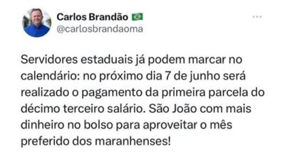 Governador Carlos Brandão Anuncia Antecipação do 13º Salário dos Servidores do Estado