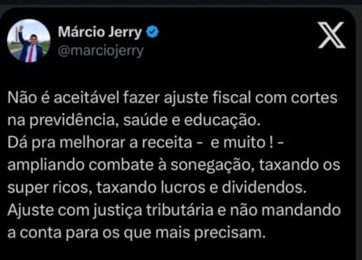 Márcio Jerry defende mais impostos para ajuste fiscal