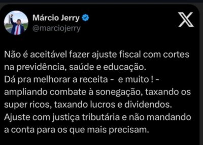 Márcio Jerry quer mais impostos para garantir ajuste fiscal