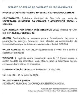 Por mais de R$ 420 mil, Prefeitura de São Luís contrata funerária de Santa Inês para prestar serviço à SEMCAS