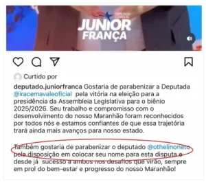 Deputado deixa claro seu voto em Othelino Neto após reeleição de Iracema Vale