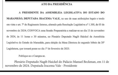 Assembleia Legislativa do Maranhão convoca sessão para eleição da nova Mesa Diretora