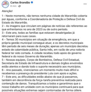 Brandão nega enchentes em municípios do Maranhão