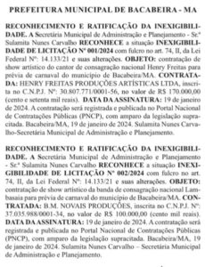 Prefeitura de Bacabeira dispensa licitações para contratar shows de pré-carnaval