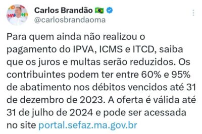 Brandão anuncia redução de multas e juros em débitos do ICMS, IPVA e ITCD