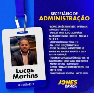 Nina Rodrigues: Jones Braga anuncia Lucas Martins como Secretário de Administração