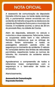 Nota de esclarecimento: Deputada Daniella sofre acidente automobilístico e passa bem…