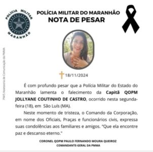 Comando da Policia Militar do Maranhão lamenta morte da Capitã Jollyane Castro
