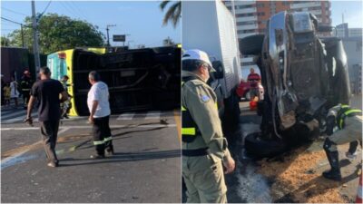 Em São Luís, ônibus tomba e deixa 12 feridos; em Imperatriz, incêndio atinge empresa de coletivo
