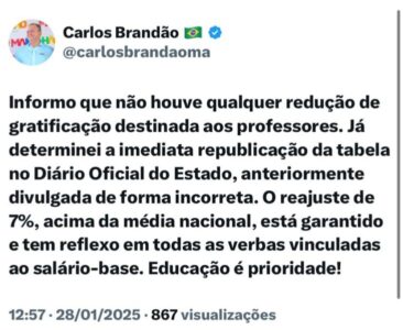 Brandão nega redução da GAM e confirma reajuste de 7% para professores do Maranhão