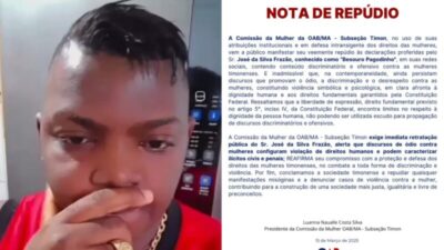 Comissão da Mulher da OAB de Timon repudia declarações misóginas de Besouro Pagodinho