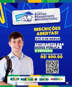 Inscrições abertas para o Cartão Transporte Universitário em Paraibano