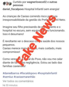 Daniel Barros volta a espalhar pânico em Caxias com fake news sobre hospital infantil