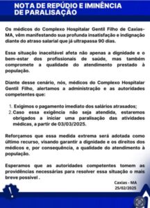 Médicos do HGM ameaçam paralisação por falta de pagamento em Caxias